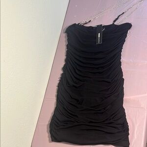 Fashion Nova Black Rhinestone Ruched Dress